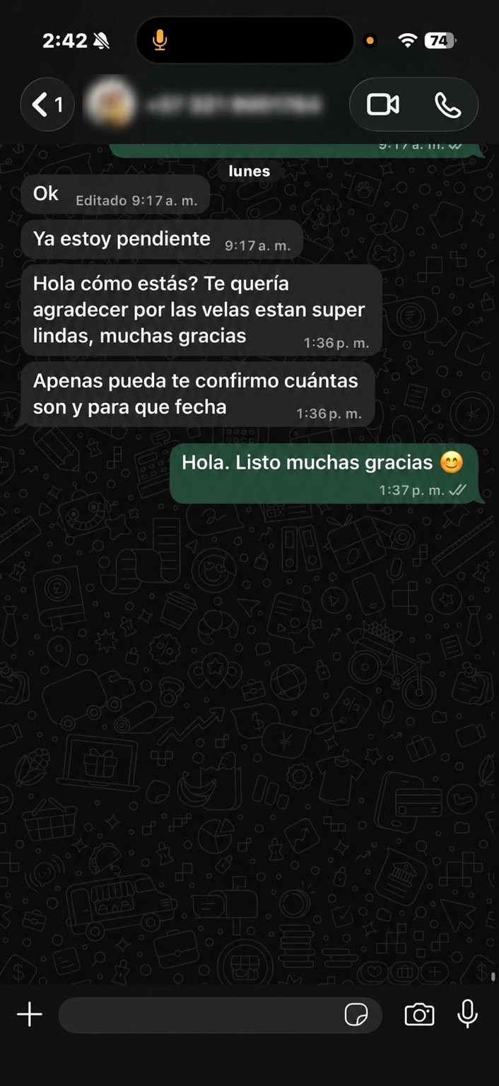 Mensaje de una cliente satisfecha con sus velas