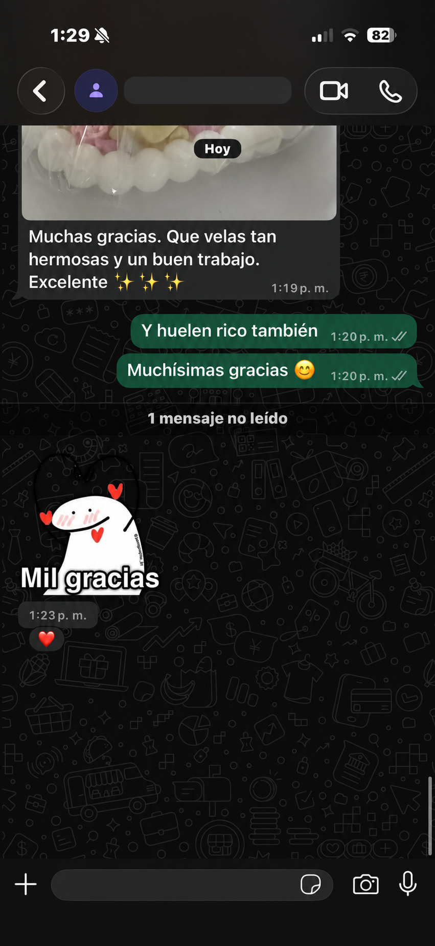 Mensaje de una cliente agradeciendo por sus velas artesanales